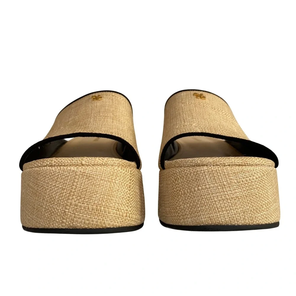 Larroude NEW Charli Mule Platform Natural Raffia Black Trim Gold Logo Womens 8.5